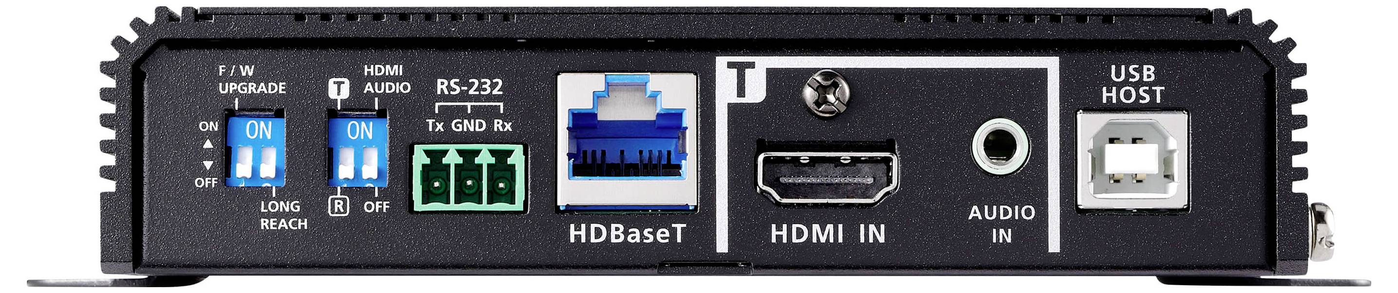 Rückseite eines Geräts mit Schaltern, RS-232-Anschluss, Ethernet-Anschluss, HDMI-Eingang, Audio-Eingang und USB-Host-Anschluss.