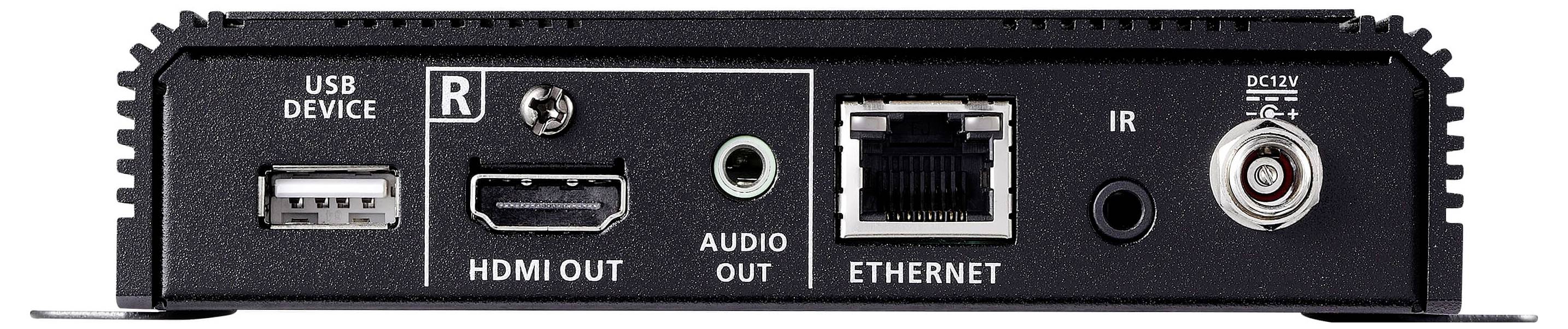 Rückseite eines elektronischen Geräts mit folgenden Anschlüssen: USB, HDMI-Ausgang, Audio-Ausgang, Ethernet, IR und Gleichspannungseingang 12V.