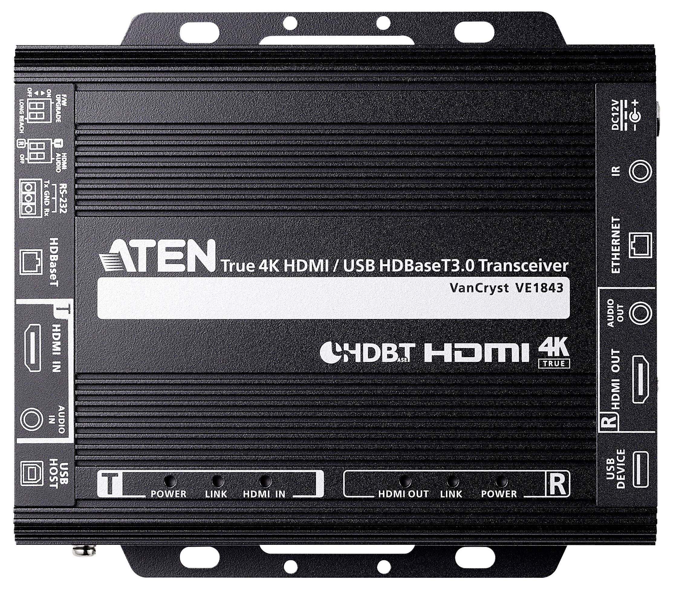 Aten True 4K HDMI/USB HDBaseT 3.0 Transceiver, Modell VE1843, mit Ethernet-, USB-, RS-232- und Audio-Anschlüssen.