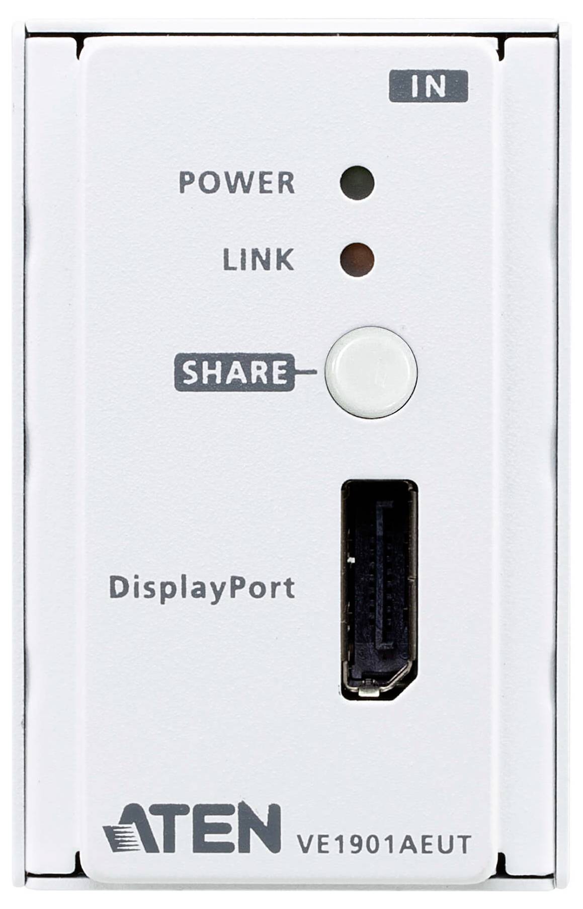 Ein weißes Panel mit einem 'DisplayPort'-Eingang, 'Share'-Taste und LED-Anzeigen für 'Power' und 'Link'; beschriftet mit 'ATEN VE1901AEUT'.