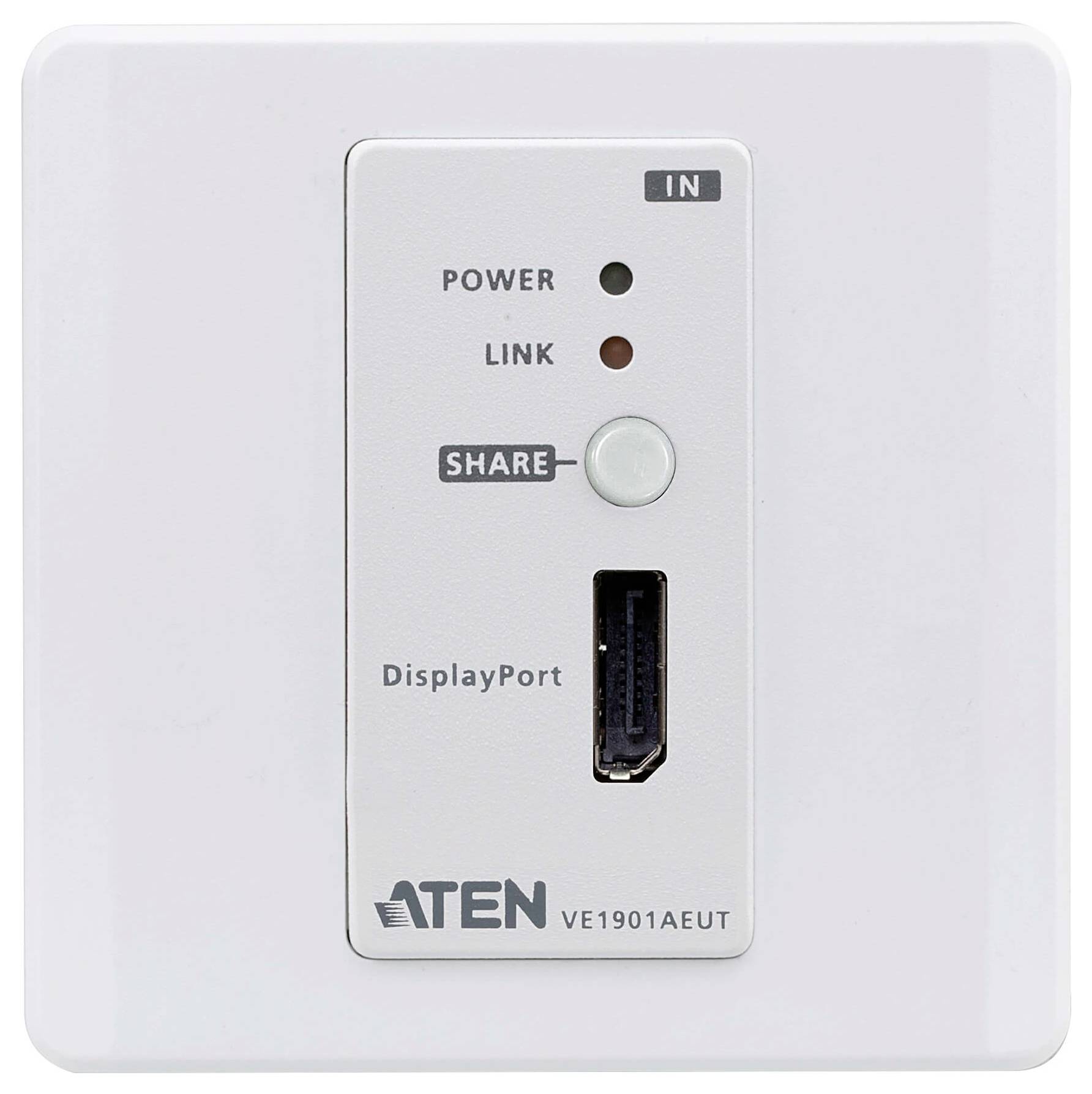 Eine an der Wand montierte ATEN VE1901AEUT DisplayPort-Vorrichtung mit 'Netz'- und 'Verbindungs'-Anzeigen, einer 'Teilen'-Taste und DisplayPort-Eingang.