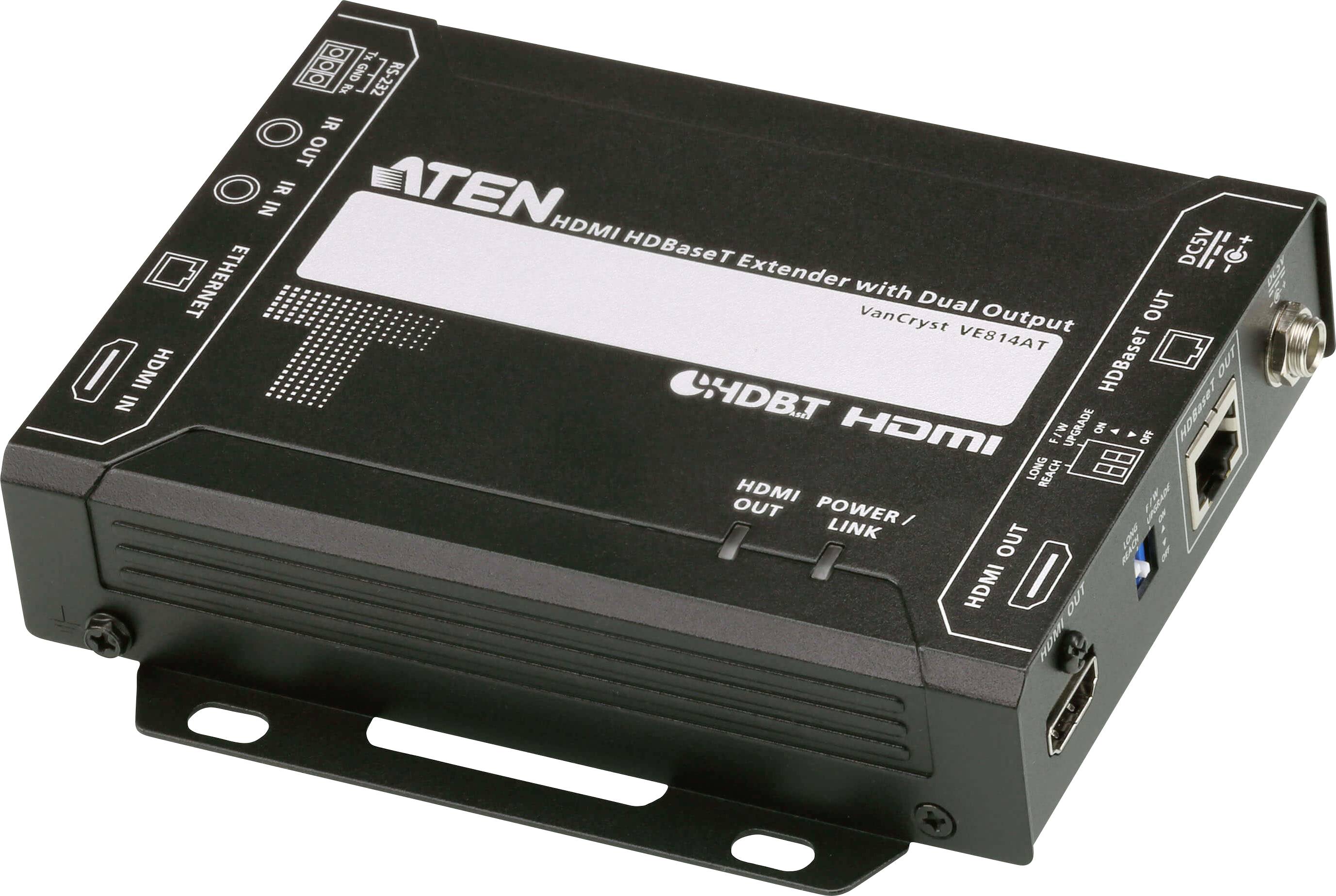 HDBaseT-Extender mit Doppelausgang, ausgestattet mit HDMI-Ein-/Ausgangsanschlüssen, Ethernet-Anschluss und Stromverbindungs-Anzeigen. Ideal zum Erweitern von HDMI-Signalen.