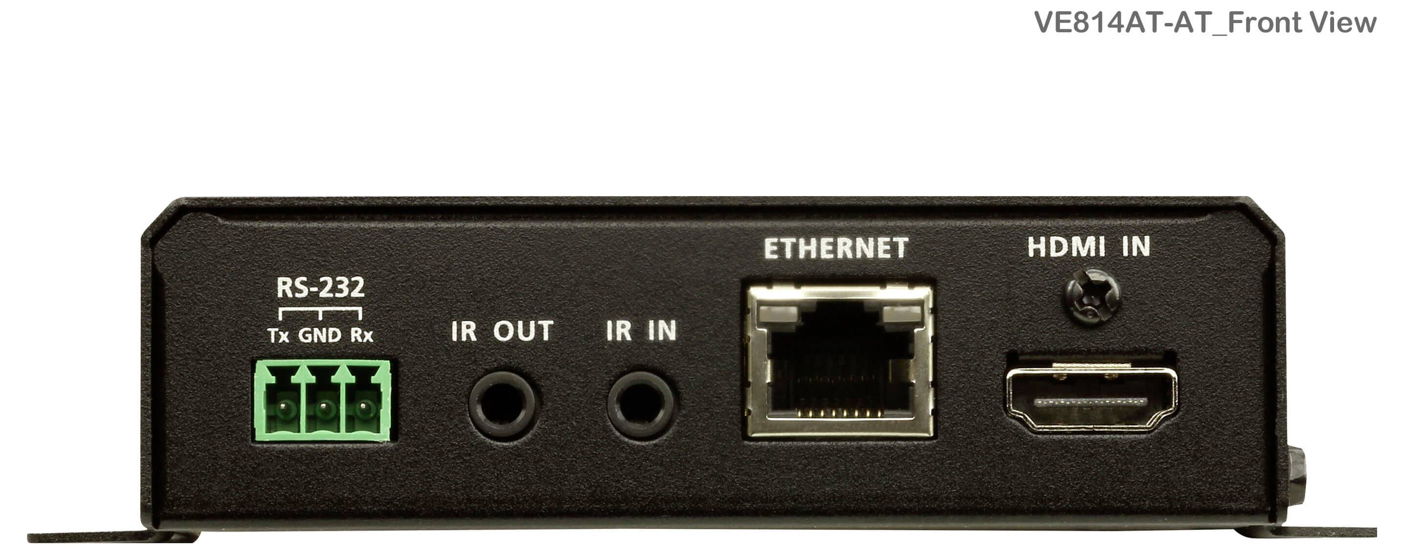 Frontansicht eines Geräts mit Anschlüssen: RS-232, IR Out, IR In, Ethernet und HDMI In. Beschriftet mit 'VE814AT-AT_Frontansicht'.