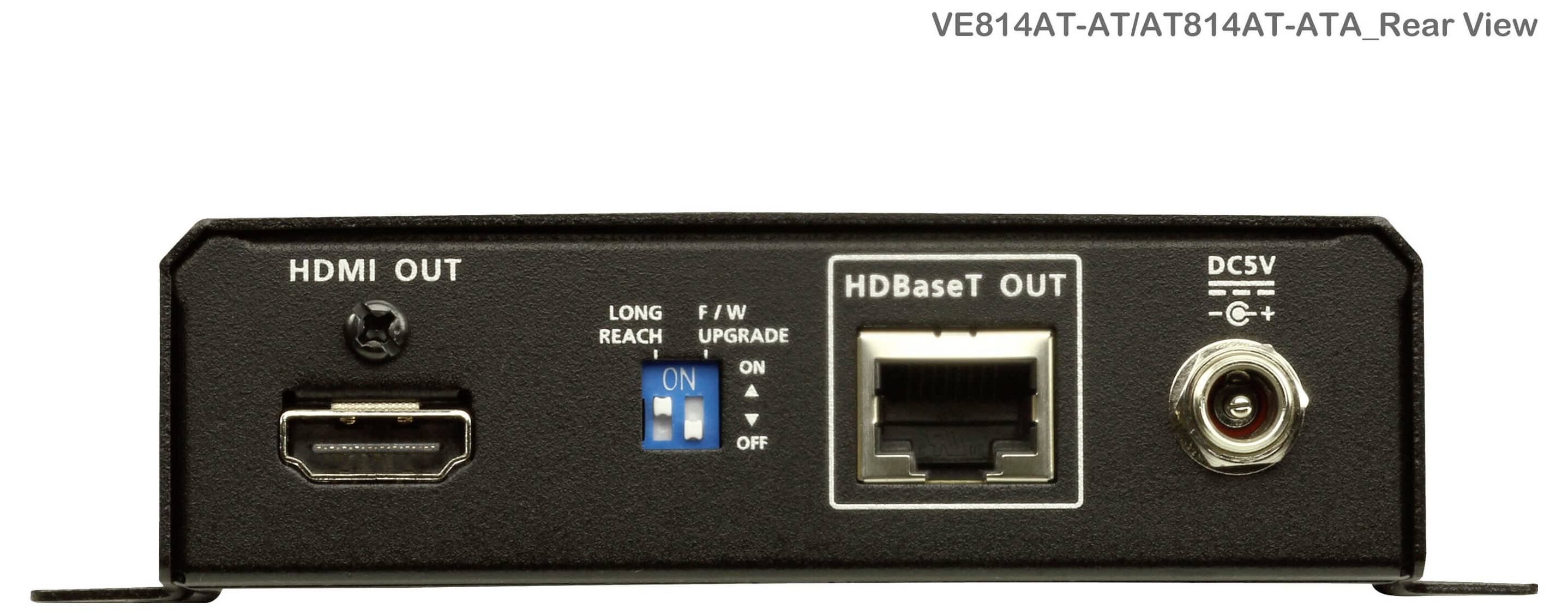 Eine Rückansicht eines HDBaseT-Geräts mit HDMI OUT, HDBaseT OUT und DC5V-Anschlüssen sowie einem Schalter für Reichweitenverlängerung und Firmware-Upgrade.