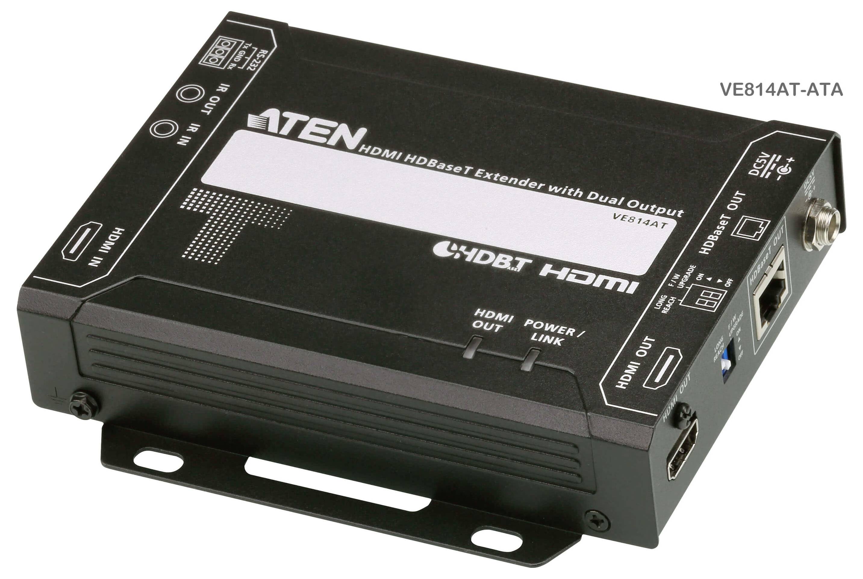 Ein schwarzer Aten HDMI HDBaseT Extender mit Doppelausgang, mit Anschlüssen für HDMI und Ethernet-Verbindungen, Modell VE814AT.