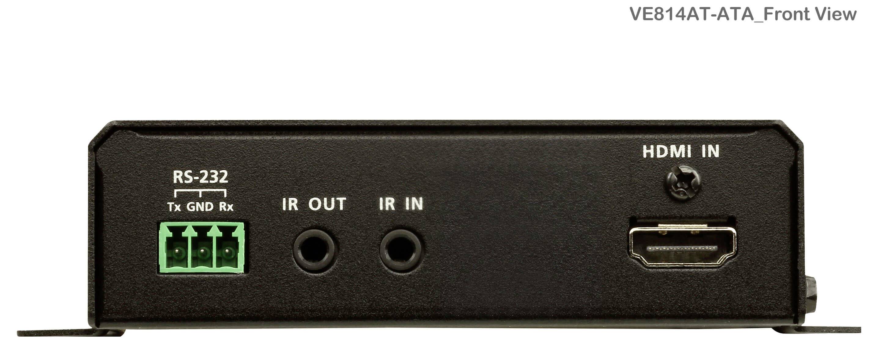 Das Bild zeigt die Frontansicht eines Geräts mit HDMI IN-, IR IN-, IR OUT-Anschlüssen und einem RS-232-Anschluss, der mit 'Tx GND Rx' beschriftet ist.