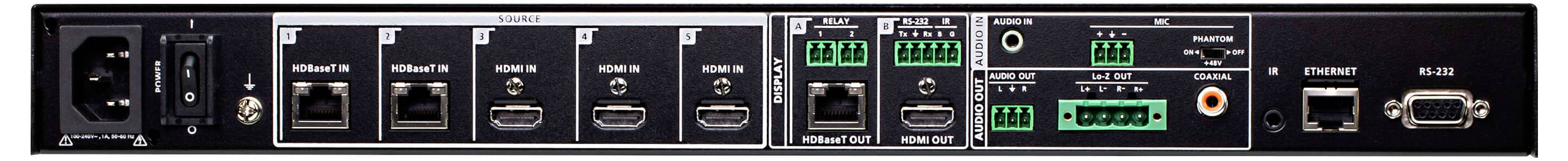 Rückseite eines elektronischen Geräts mit verschiedenen Eingabe-/Ausgabeanschlüssen, einschließlich HDMI, USB, Audio und Stromversorgungsanschlüssen.
