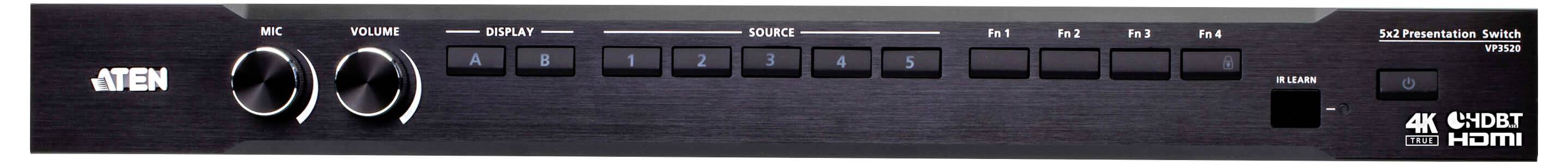 Ein schwarzes AV-Schaltpanel mit Lautstärke- und Schalterreglern, beschrifteten Tasten von 1 bis 7 sowie Markenbeschriftung 'ATEN' und '4K HDR HDMI' sichtbar.