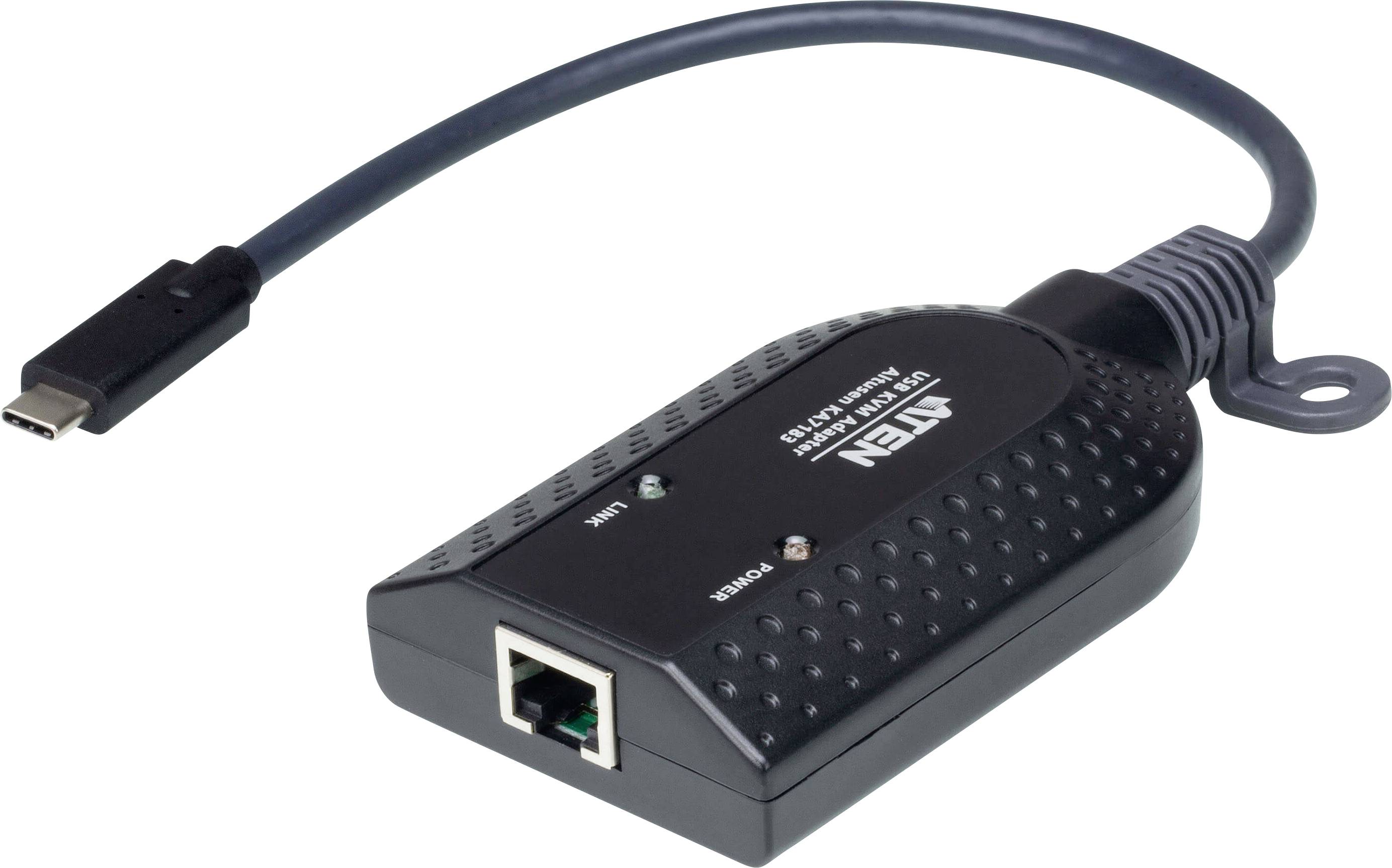 Ein schwarzer USB-C zu Ethernet-Adapter mit einem Ethernet-Anschluss und LED-Anzeigen, entwickelt zum Anschluss von Geräten an kabelgebundene Netzwerke.