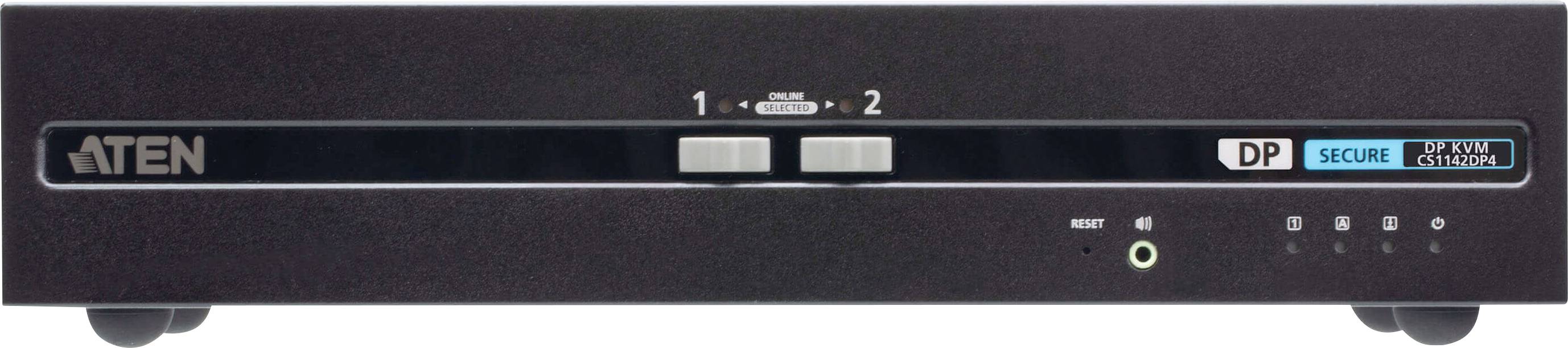 Frontansicht eines KVM-Switches mit Tasten mit den Beschriftungen '1' und '2', einer 'Secure'-Anzeige und Anschluss-Symbolen für Audio und Stromversorgung.