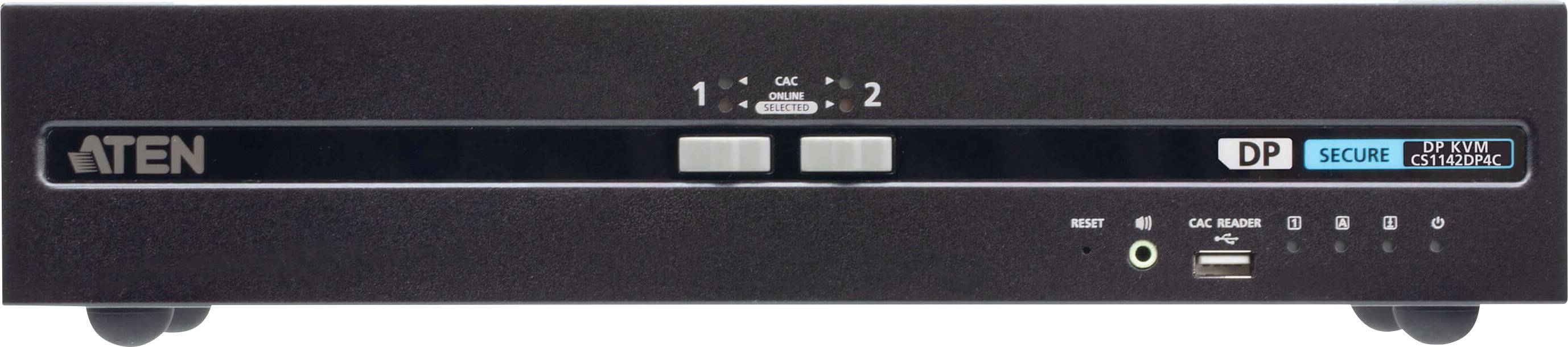 Ein schwarzer ATEN-Switch mit zwei Steuerungstasten, beschriftet mit '1' und '2', sowie Anzeigelichtern für sichere Verbindungen und Betriebsstatus.