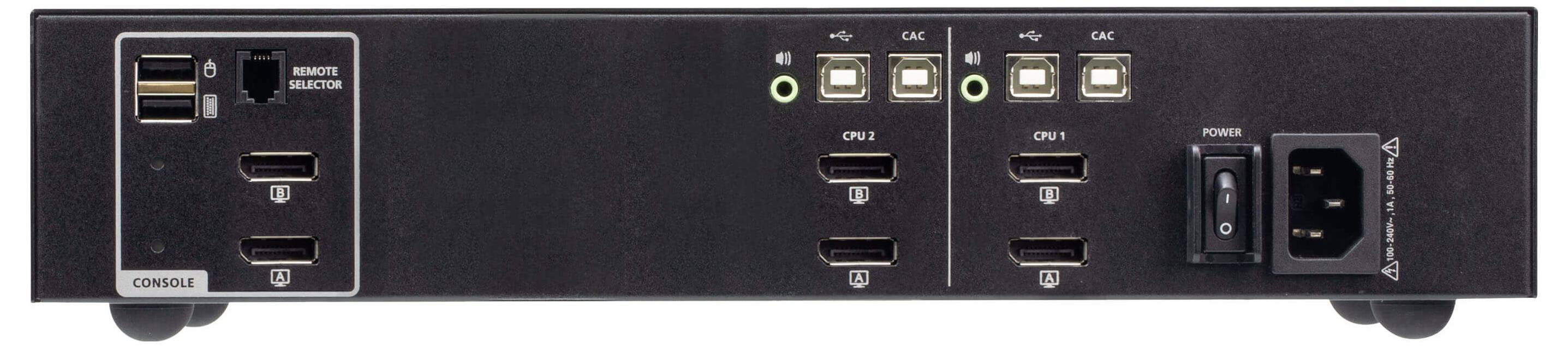 Rückseite eines Netzwerkgeräts mit mehreren Ethernet-Anschlüssen, USB-Anschlüssen und einem Stromstecker, beschriftet mit CPU und CAC.