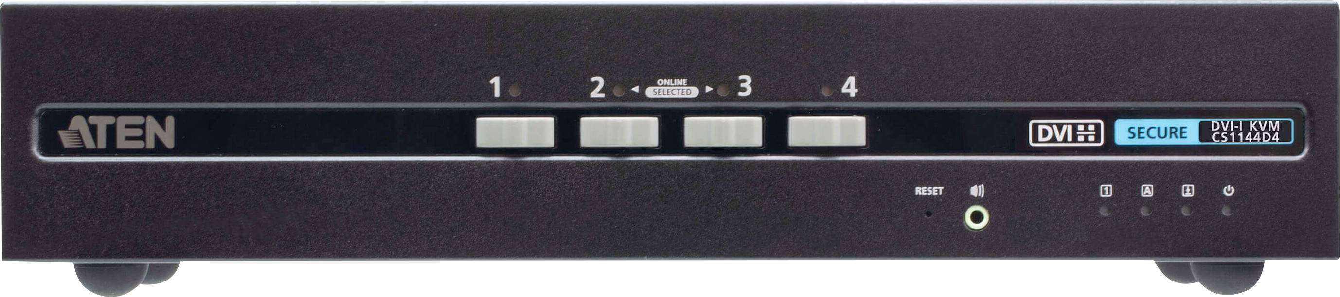 Frontansicht eines schwarzen KVM-Switches mit vier nummerierten Tasten zur Auswahl verschiedener Computer, einem ATEN-Logo und der Bezeichnung 'SECURE'.