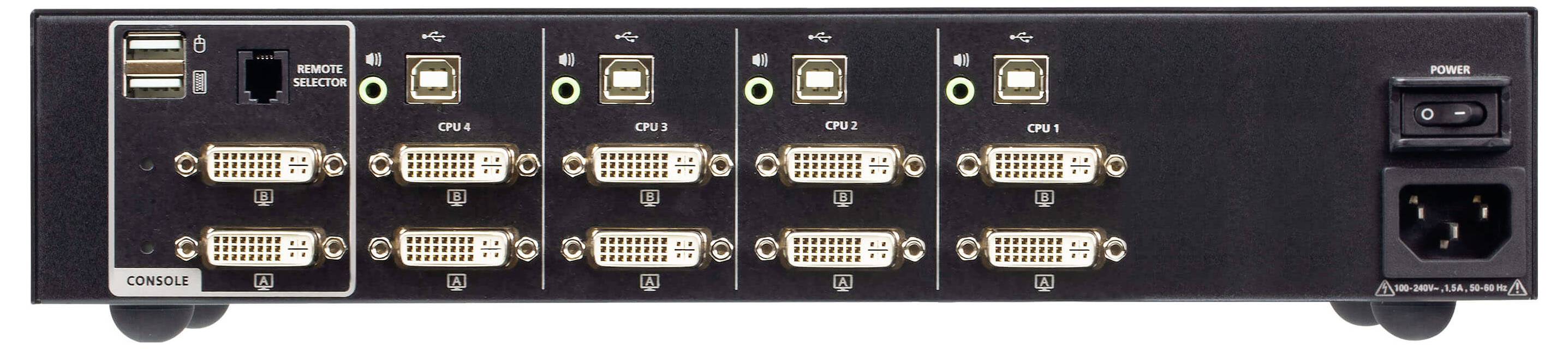 Rückseite eines 8-Port-KVM-Switches mit DVI-, USB- und Audioports; enthält Netzschalter und Eingang.