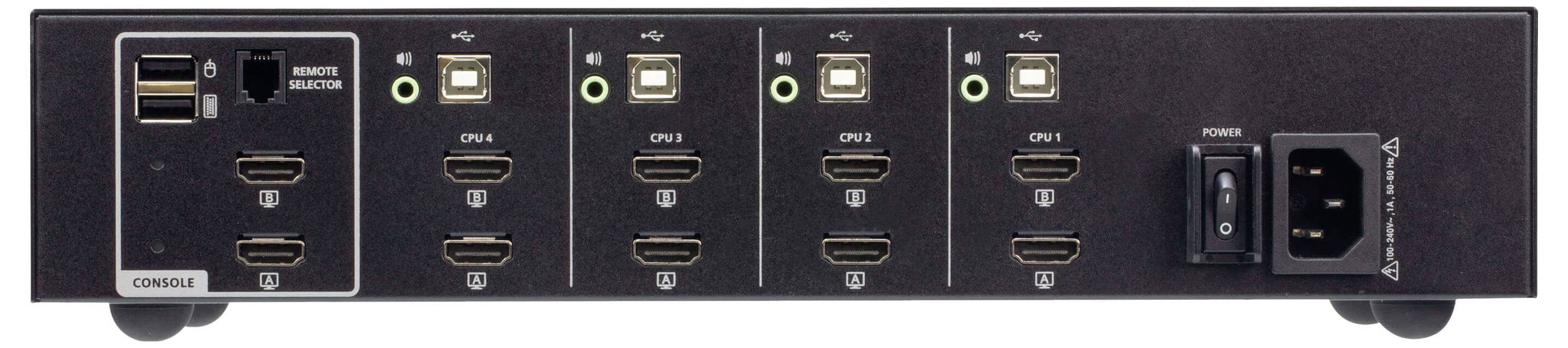 Rückansicht eines Mehrport-Switches mit Konsole- und Remote-USB-Anschlüssen, vier Sätzen von USB-, HDMI- und Audioschnittstellen sowie einem Stromeingang.