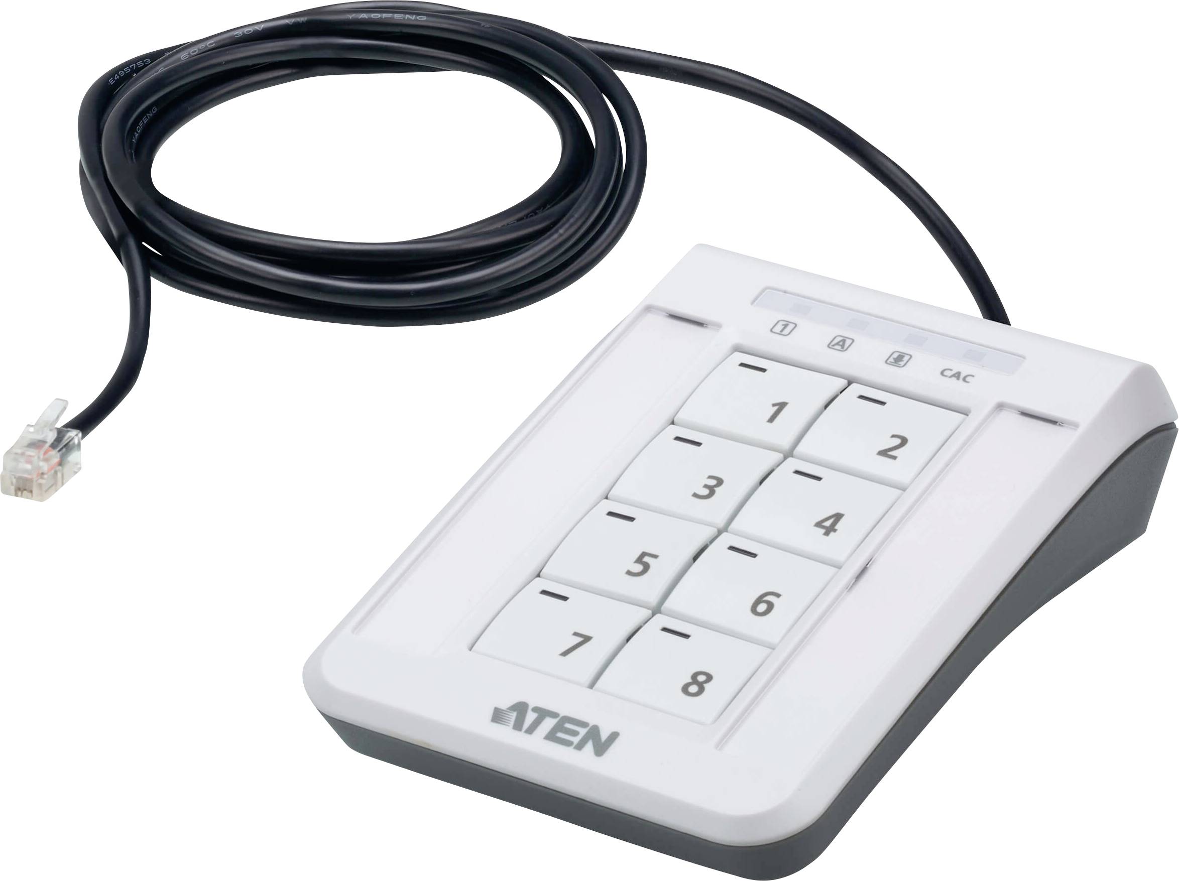 Weiße numerische Tastatur mit Spiralkabel und Ethernet-Anschluss, ausgestattet mit den Ziffern 0-9 und Symbolen, entwickelt für die Verwendung mit technischen Geräten.