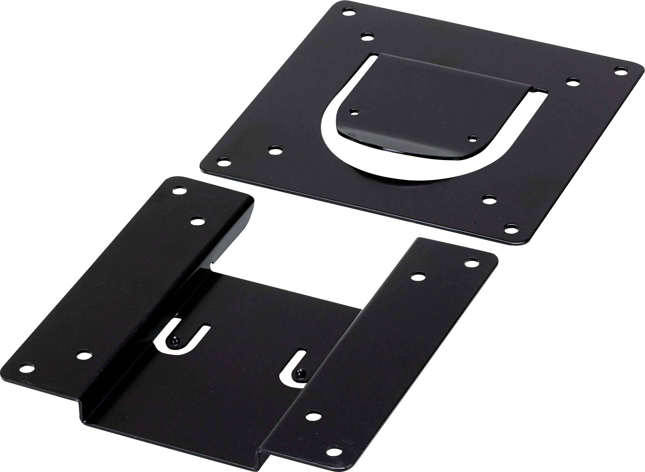 Zwei schwarze Metallhalterungen mit mehreren Schraublöchern, die entwickelt wurden, um Flachbildschirme an Ständern oder Wänden zu befestigen.