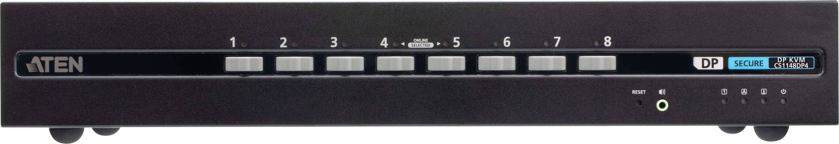 Ein schwarzer Netzwerkswitch mit acht nummerierten Tasten und einer Beschriftung, die 