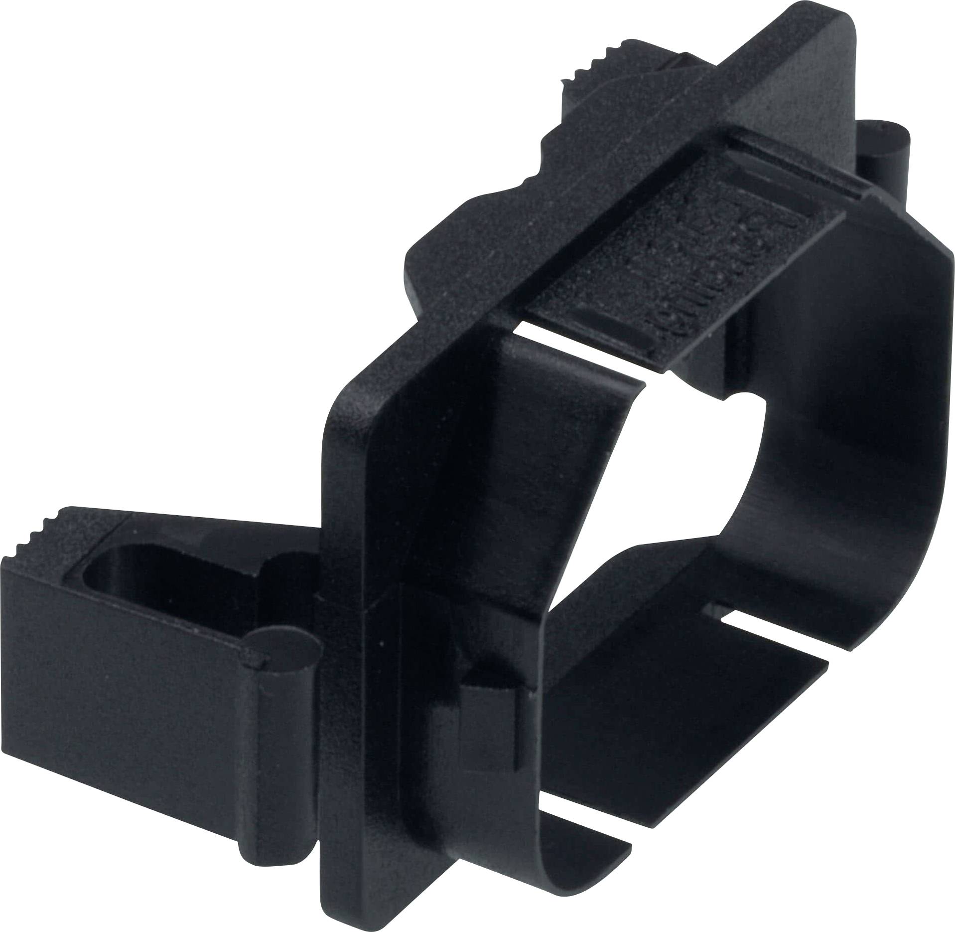 Ein schwarzer Plastikclip mit rechteckiger Form und Befestigungselementen, verwendet zum Sichern von Kabeln oder Komponenten.