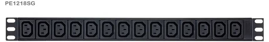 PE1218SG' beschriftete Steckdosenleiste mit 16 identischen Stromsteckdosen, für die Rackmontage konzipiert.