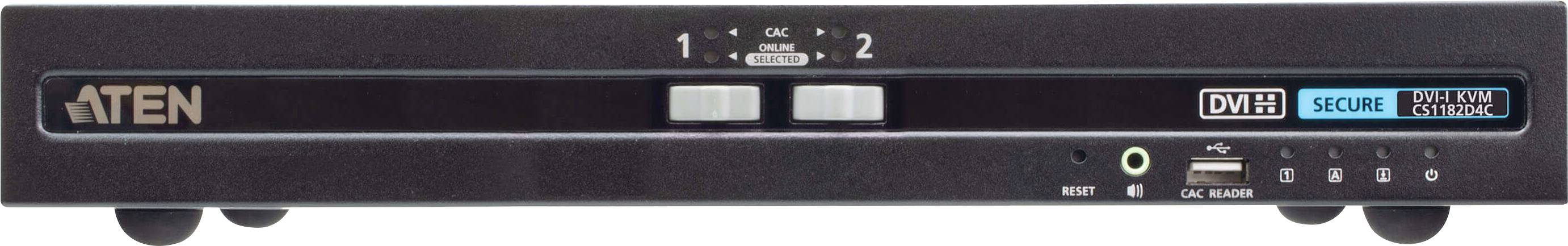 Frontansicht eines schwarzen ATEN KVM-Switches mit zwei nummerierten Tasten, die zwei Computerverbindungen anzeigen, sowie Anschlüssen für Audio- und USB-Geräte.