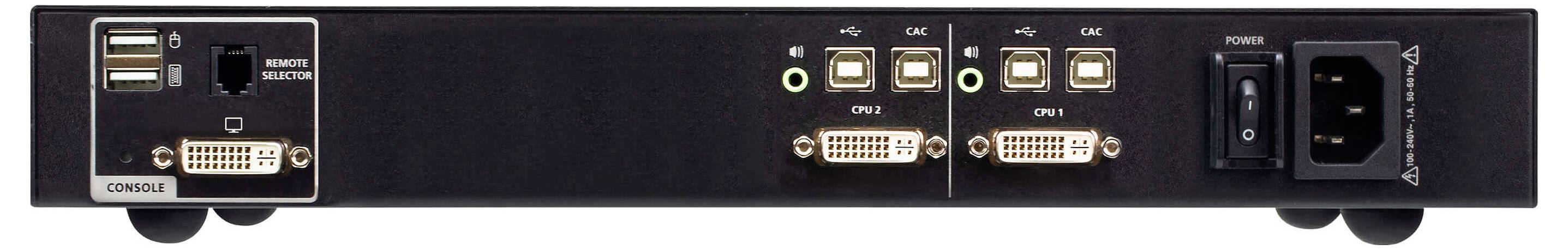 Ein schwarzes Computer-Hardwaregerät mit mehreren Anschlüssen, darunter USB, DVI, Ethernet und Stromeingang.