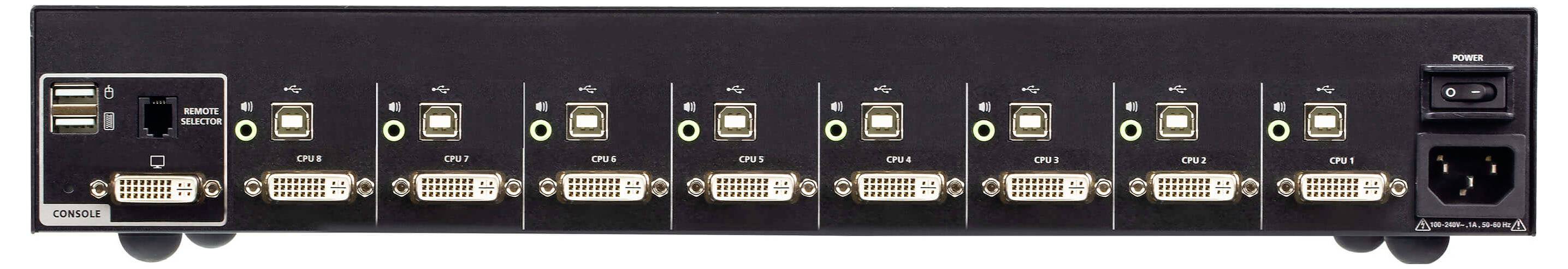 Das Bild zeigt das Rückpanel eines KVM-Switches mit acht Sätzen von DVI-, USB- und Audioports, gekennzeichnet mit CPU1 bis CPU8, sowie einen Stromanschluss.