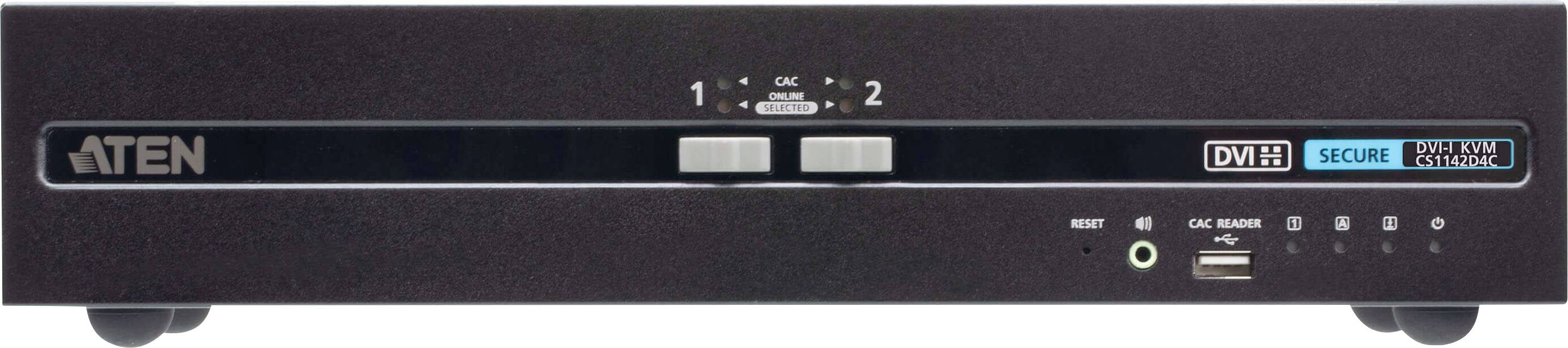Ein KVM-Switch mit zwei Eingabeoptionen, gekennzeichnet mit 1 und 2, und Kontrollleuchten. Das Gerät verfügt über Anschlüsse für DVI, USB und Audioverbindungen.