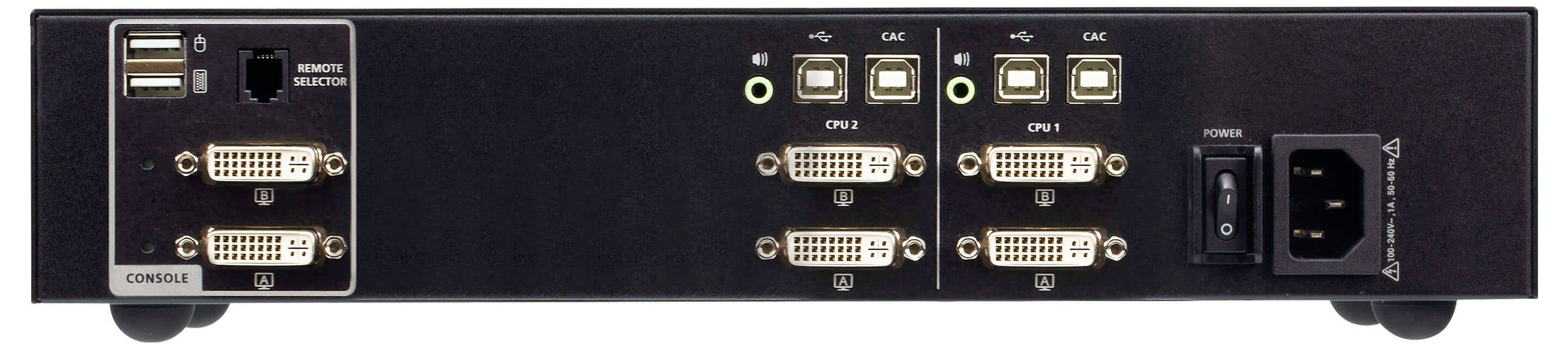 Das Bild zeigt die Rückseite eines KVM-Switches mit mehreren USB-, DVI- und Stromanschlüssen, die für Konsolen- und CPU-Verbindungen beschriftet sind.