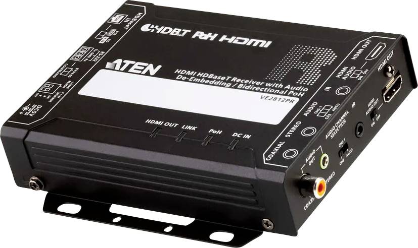 ATEN HDMI HDBaseT Receiver mit mehreren Eingabe- und Ausgabeports, der Audio-De-Embedding und bidirektionale Funktionen bietet.