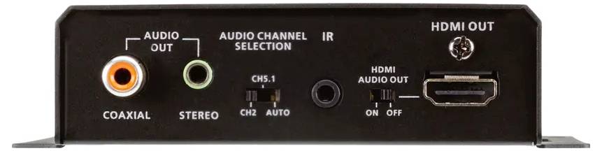 'Audio Out' Anschlussbox mit Koaxial-, Stereo-Ports, Audio-Kanal-Umschalter und HDMI-Ausgang. Umfasst Kanalauswahl, IR und HDMI-Audio-Ausgangsschalter.