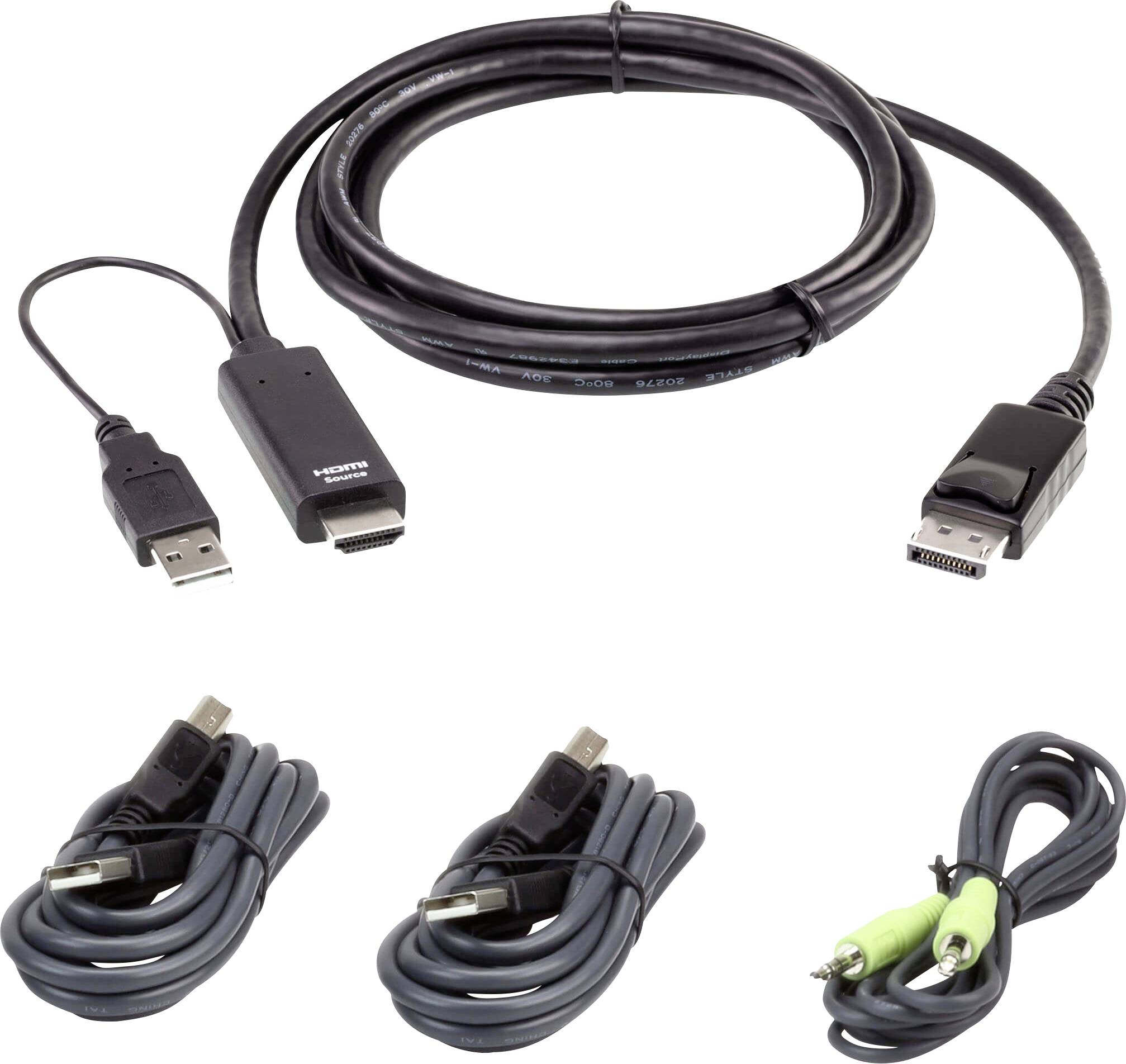 Das Bild zeigt ein aufgerolltes schwarzes HDMI-zu-DisplayPort-Kabel und ein USB-Kabel neben zwei USB-Kabeln und einem Audiokabel mit grünen Anschlüssen.