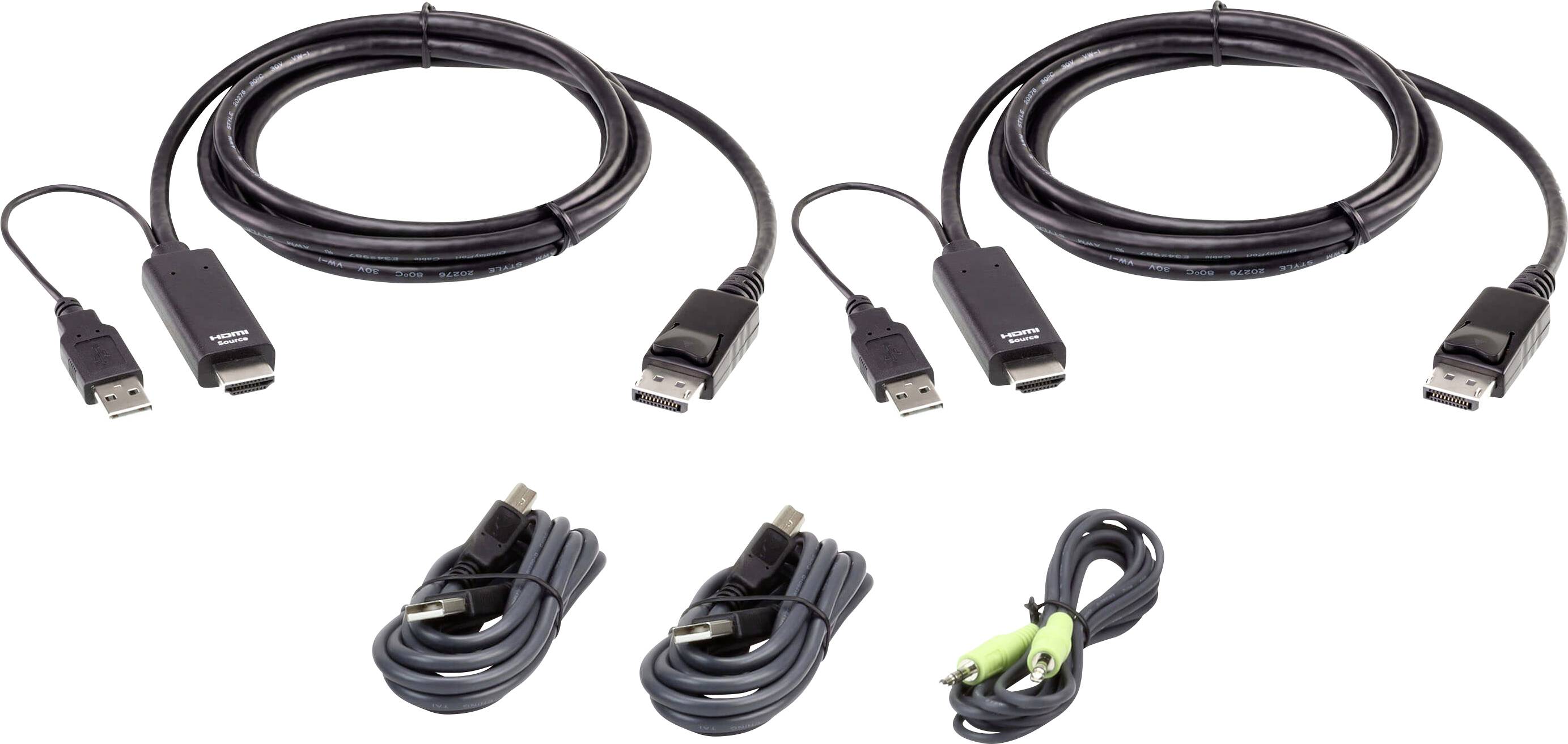 Zwei USB-zu-HDMI-Adapter werden gezeigt, jeweils mit einem langen und einem kurzen Kabel. Darunter befinden sich drei Audiokabel: zwei sind schwarze USB-Kabel und eines ist ein schwarzes Kabel mit grünen und lila Steckern.