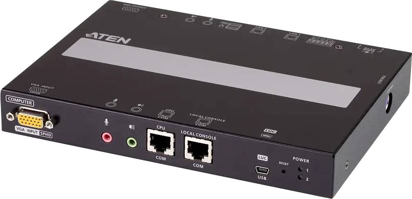 KVM-Switch 'Aten' mit VGA-Eingang, zwei Ethernet-Ports, Audiobuchsen und USB-Ports, verwendet zum Anschluss mehrerer Computer an eine Konsole.