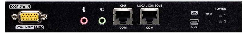 Rückseite eines Netzwerk-Switches mit VGA-, Mikrofon- und Kopfhörerbuchsen links, zwei Ethernet-Ports mit der Bezeichnung 'CPU' und 'LOCAL CONSOLE' in der Mitte und Stromanzeigelampen rechts.