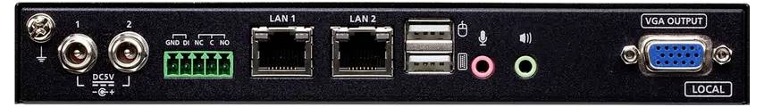 Rückseite eines elektronischen Geräts mit verschiedenen Anschlüssen: zwei Koaxialeingänge, ein grüner Anschlussblock, LAN1 und LAN2 Ethernet-Ports, USB, Audioausgänge und VGA-Ausgang, gekennzeichnet als 'Lokal'.