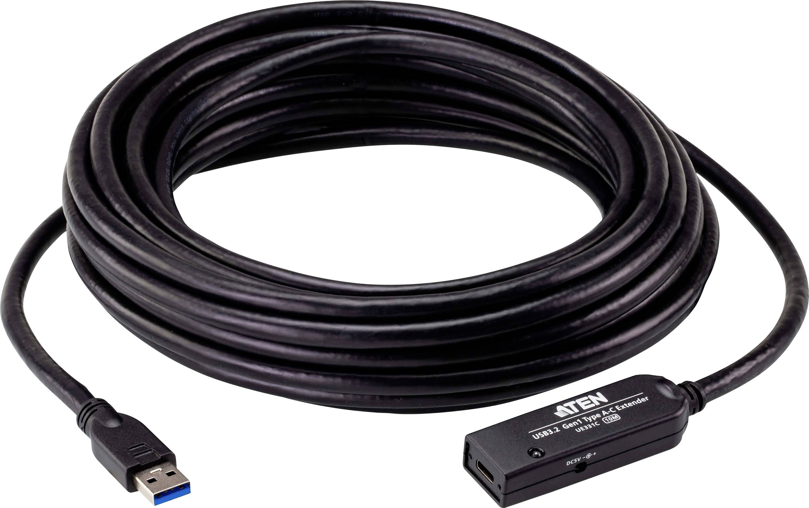 Ein langes schwarzes USB-Verlängerungskabel mit einem USB-3.0-Anschluss an einem Ende und einem Repeater-Modul mit der Aufschrift 