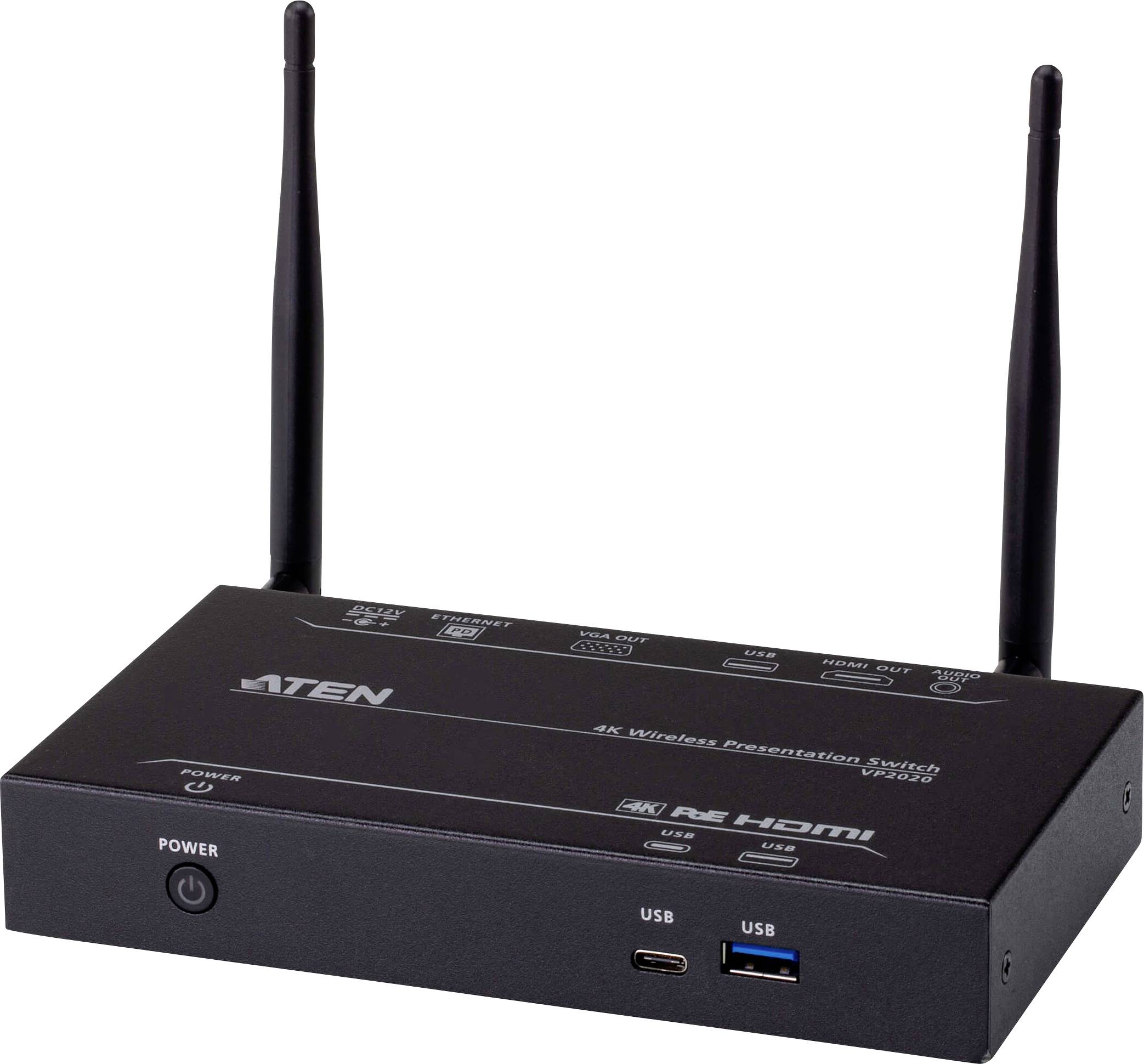 Ein drahtloser Präsentationsschalter mit zwei Antennen, Frontplatte mit USB-Anschlüssen und Einschaltknopf, Modell mit der Bezeichnung ‚ATEN' mit HDMI-Unterstützung.
