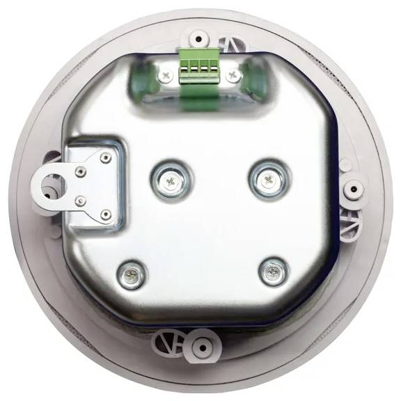 Eine runde, metallische Vorrichtung mit Anschlüssen, die auf einer kreisförmigen Basis montiert ist. Sie scheint eine elektronische Komponente zu sein, möglicherweise ein Sensor oder Teil eines größeren Systems.