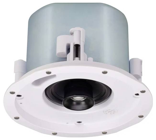 Deckenlautsprecher mit weißer Außenseite und sichtbarer Befestigungshardware, konzipiert für Innen-Audioinstallationen.