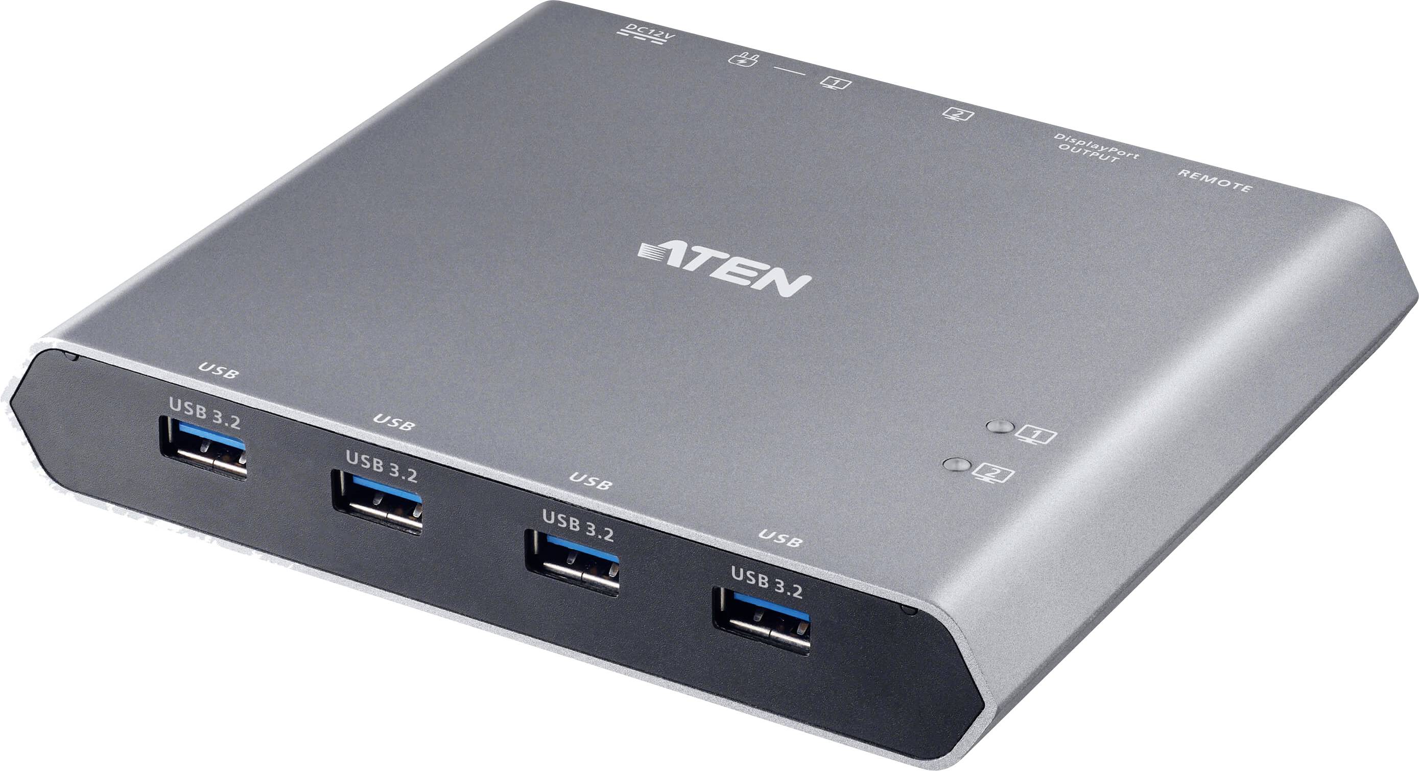 Ein grauer USB-Hub mit vier USB-3.2-Anschlüssen an der Vorderseite, mit der Markenbezeichnung 'ATEN' auf der Oberseite, entwickelt zur Erweiterung der Konnektivitätsmöglichkeiten.