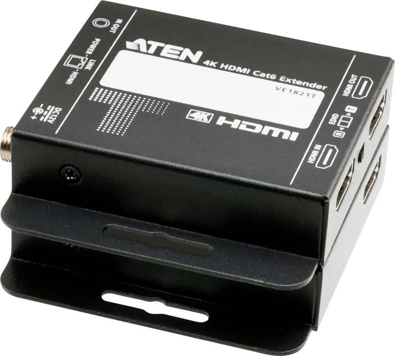 ATEN 4K HDMI Cat 5 Extender-Gerät mit Eingabe- und Ausgabeports, verwendet zum Erweitern von HDMI-Signalen über Cat 5-Kabel, Modell VE812T.