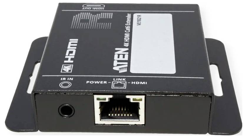 Ein schwarzes HDMI-Verlängerungsgerät mit Anschlüssen für IR, Strom, Link und HDMI. Das Etikett auf der Oberseite trägt die Aufschrift 