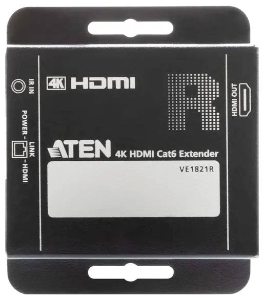 ATEN 4K HDMI Cat6 Extender, Modell VE1821R, mit HDMI- und IR-Ein-/Ausgangsanschlüssen, zur Verlängerung von HDMI-Signalen über Cat6-Kabel.