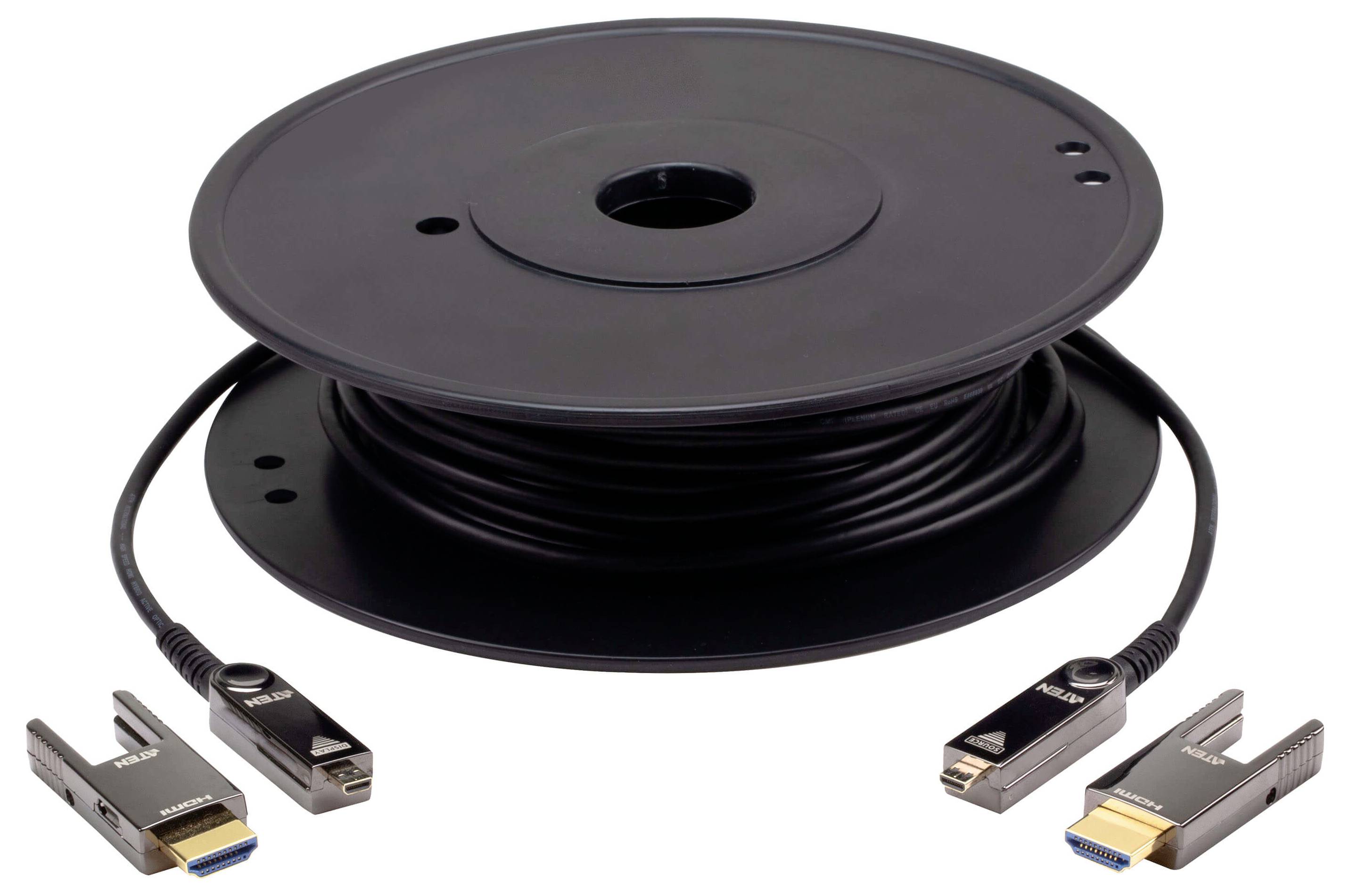 Eine schwarze Kabelrolle mit HDMI-Anschlüssen an beiden Enden wird gezeigt. Die Anschlüsse sind mit 