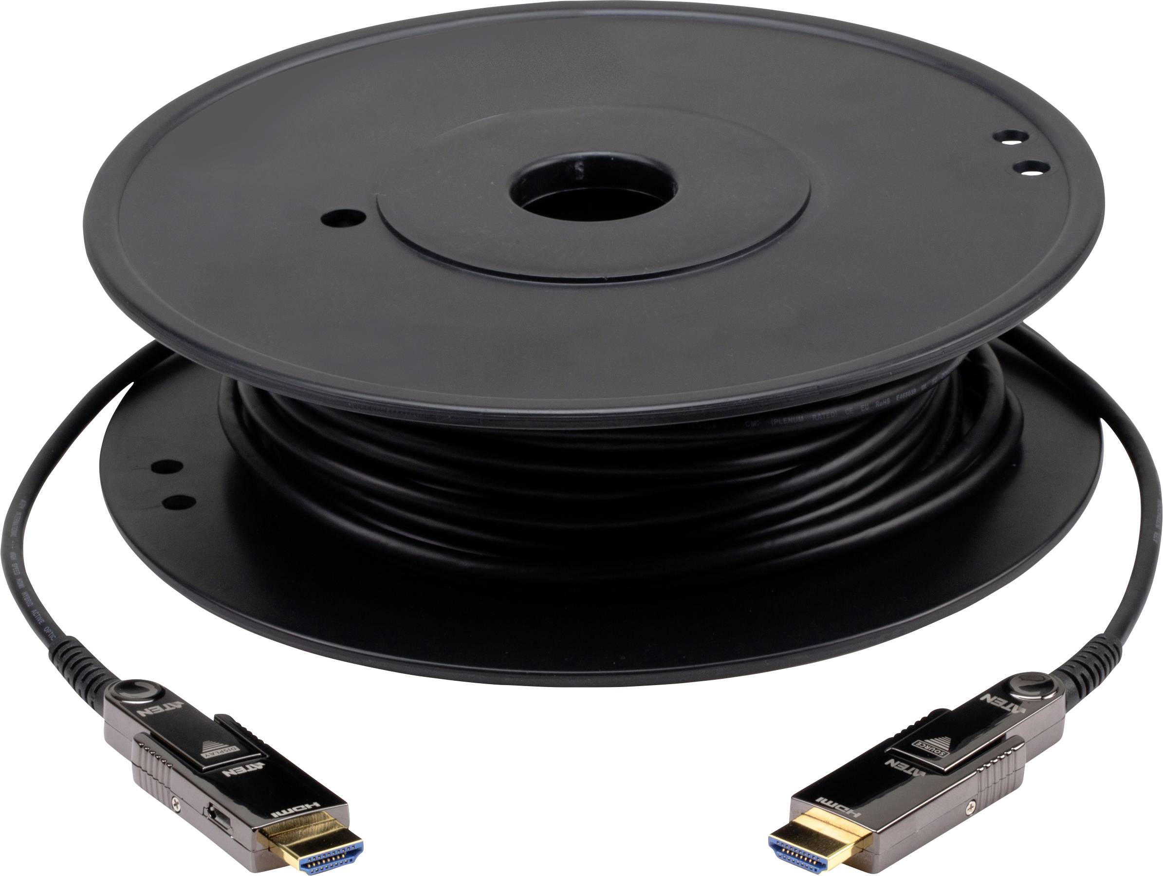 Eine große Spule hält ein aufgewickeltes HDMI-Kabel. Zwei HDMI-Anschlüsse sind sichtbar, entwickelt für hochgeschwindigkeits Audio- und Videodatenübertragung.