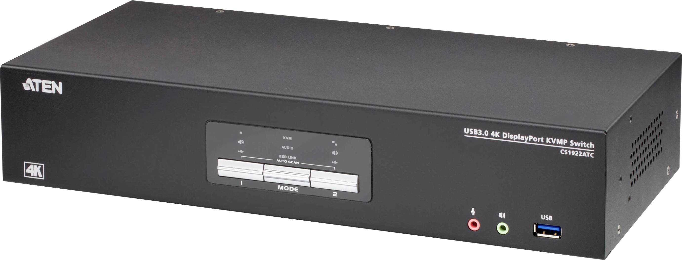 Ein schwarzer ATEN USB 3.0 4K DisplayPort KVM-Switch, Modell CS1924M, mit mehreren Anschlüssen und Tasten für Konnektivität und Verwaltung.