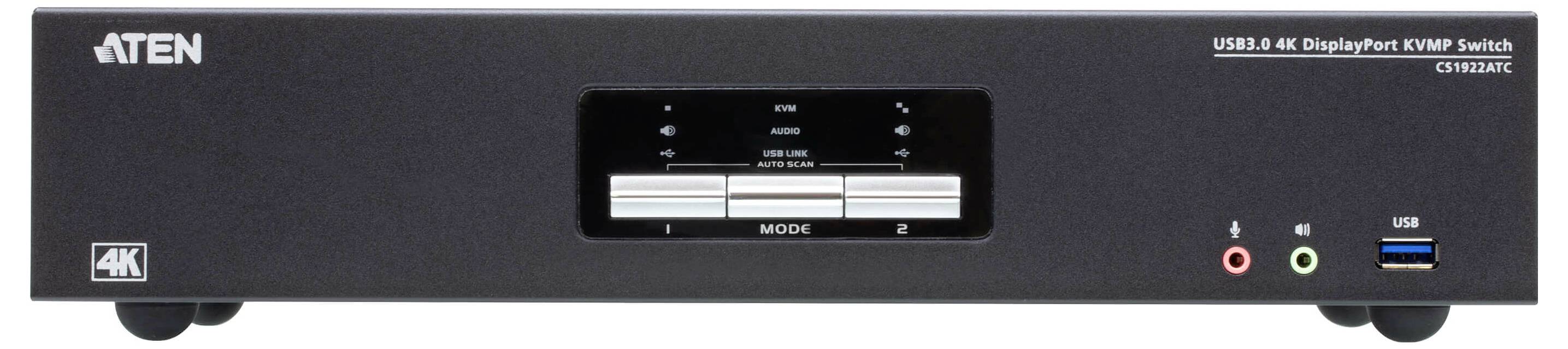 ATEN USB 3.0 4K DisplayPort KVM-Switch mit Frontdisplay-Panel, Modustastern, Audiobuchsen und USB-Anschluss.