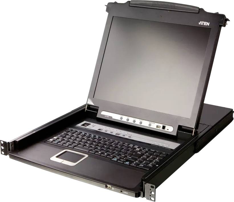 Eine Rack-Konsole mit einem klappbaren LCD-Monitor, integrierter Tastatur und Touchpad, entwickelt zur Verwaltung von Serveroperationen.