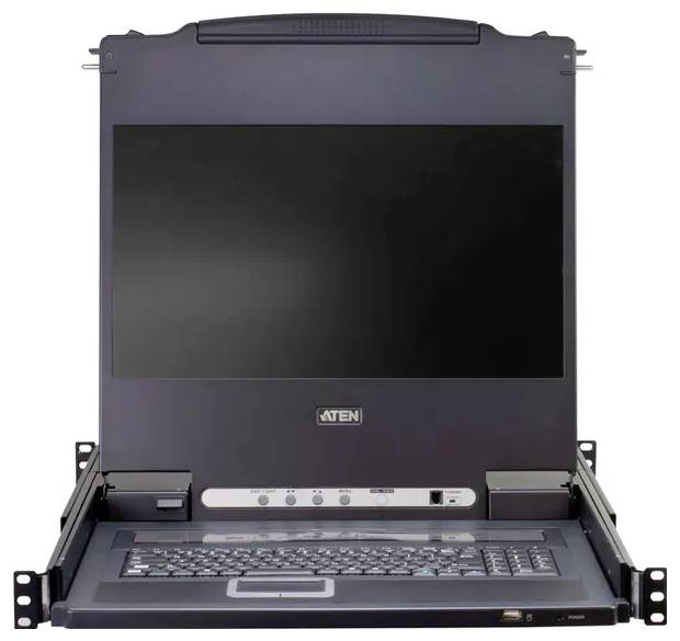 Eine Rack-Konsole mit einem schwarzen Flachbildschirm-Monitor und integrierter Tastatur, entwickelt für die Verwaltung von Netzwerk- oder Serverräumen.